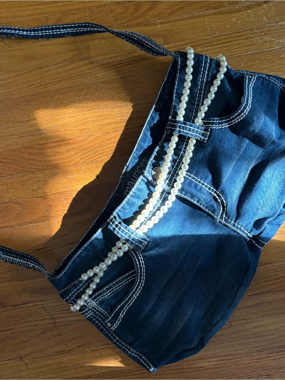 Maurices Dark Blue Denim purse with Decorative Pearl Trim